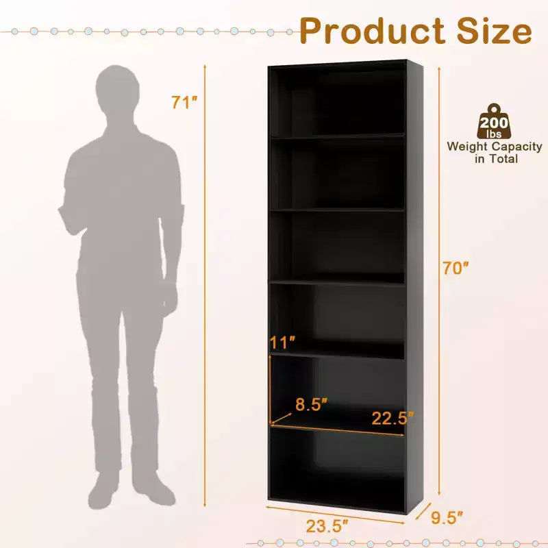70" Tall 6-Tier Bookcase with Open Shelves & Anti-Toppling Kits