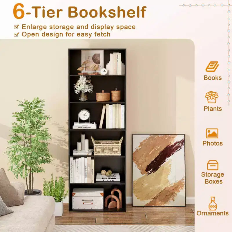 70" Tall 6-Tier Bookcase with Open Shelves & Anti-Toppling Kits
