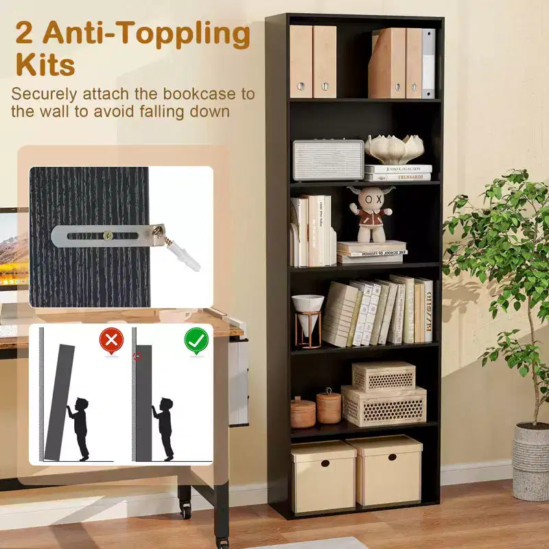 70" Tall 6-Tier Bookcase with Open Shelves & Anti-Toppling Kits
