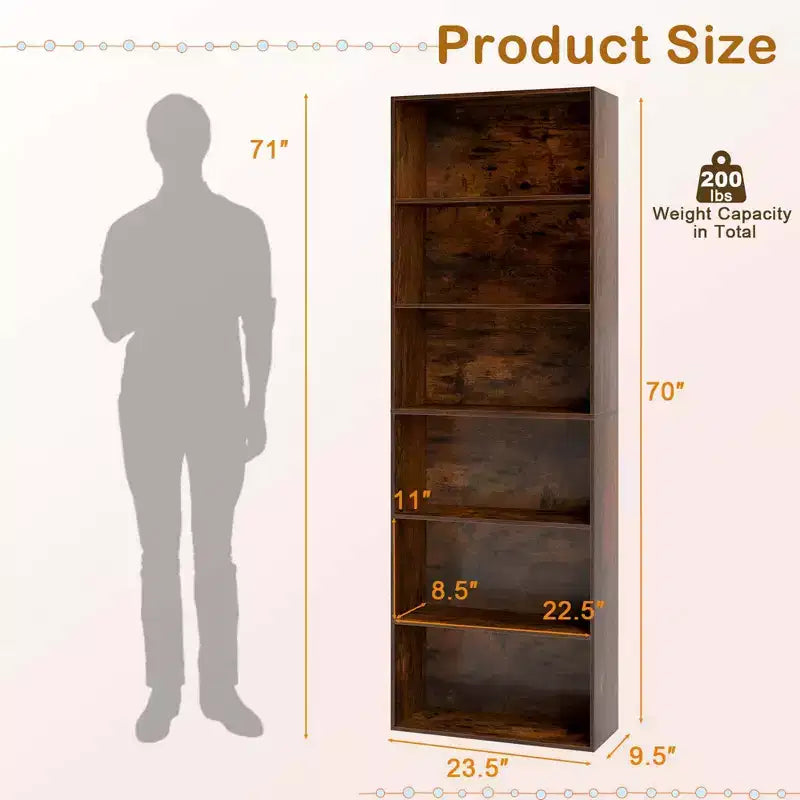70" Tall 6-Tier Bookcase with Open Shelves & Anti-Toppling Kits