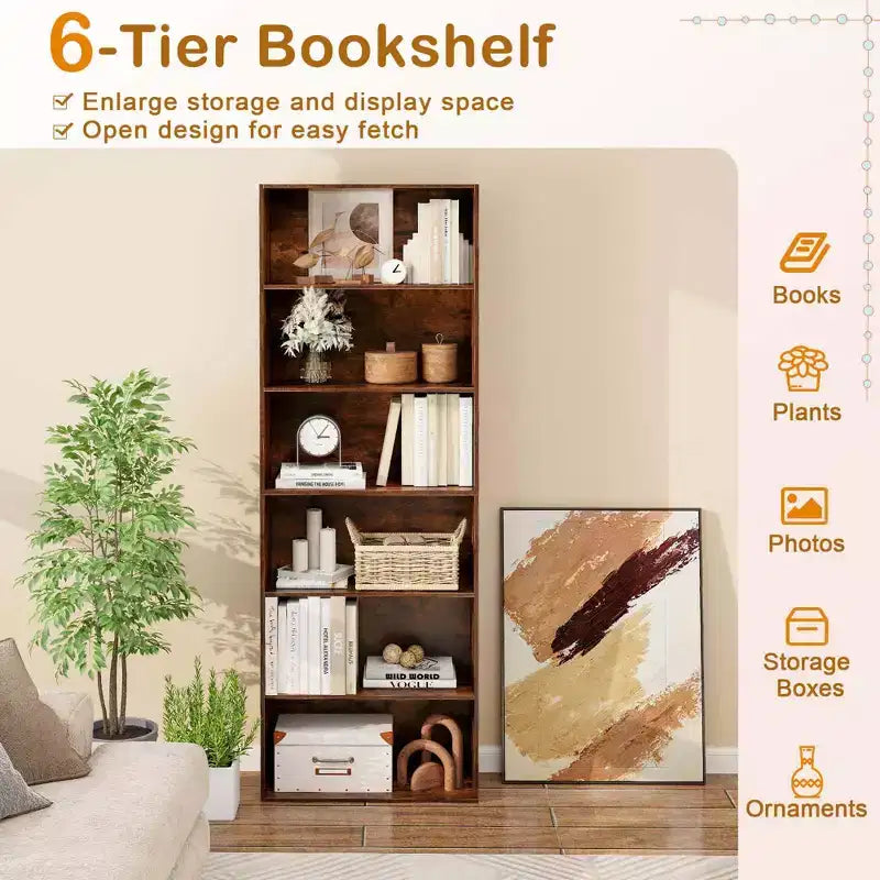 70" Tall 6-Tier Bookcase with Open Shelves & Anti-Toppling Kits