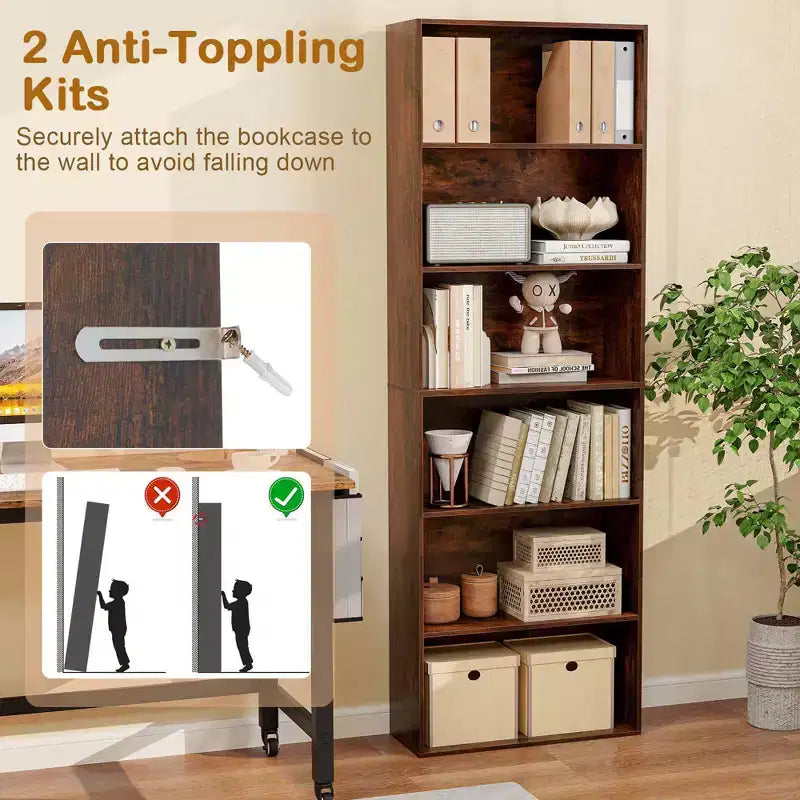 70" Tall 6-Tier Bookcase with Open Shelves & Anti-Toppling Kits