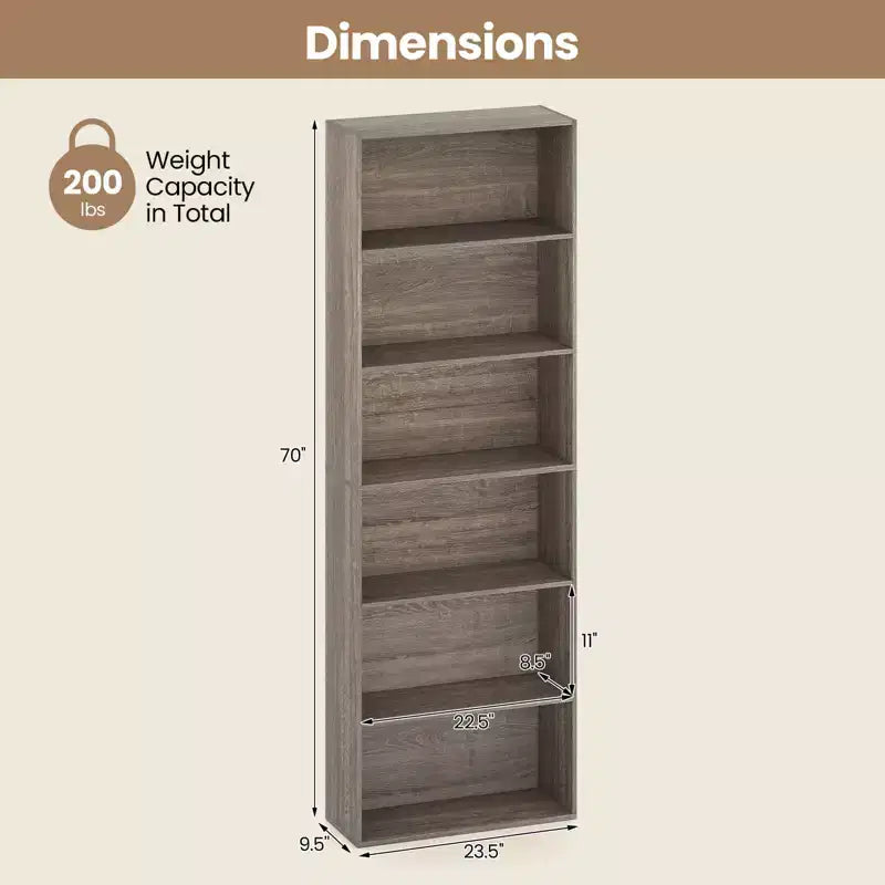 70" Tall 6-Tier Bookcase with Open Shelves & Anti-Toppling Kits