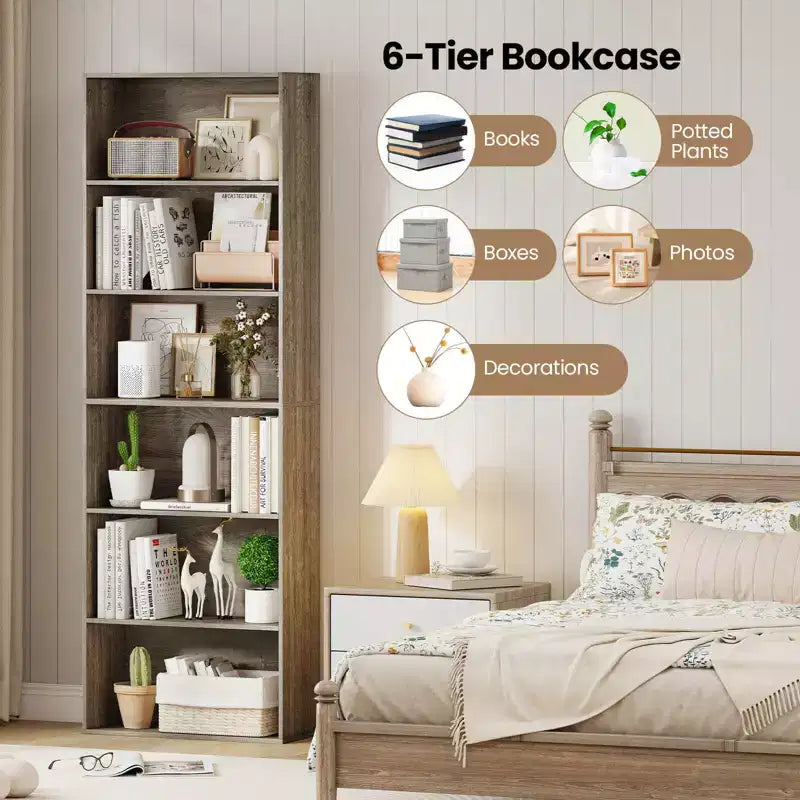 70" Tall 6-Tier Bookcase with Open Shelves & Anti-Toppling Kits