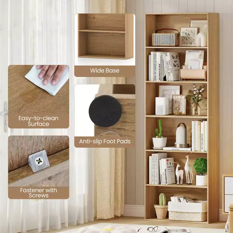 70" Tall 6-Tier Bookcase with Open Shelves & Anti-Toppling Kits