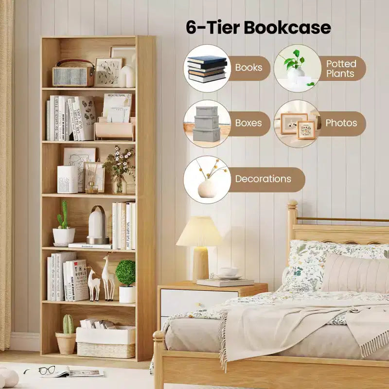 70" Tall 6-Tier Bookcase with Open Shelves & Anti-Toppling Kits
