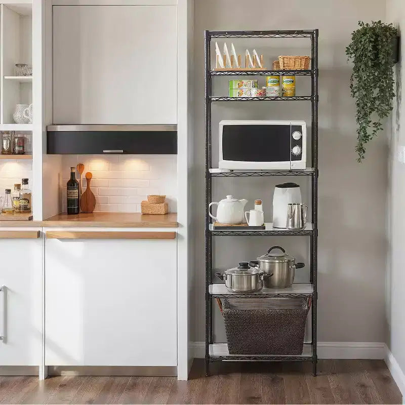 7-Tier Wire Shelving Unit with Adjustable Shelves, Liners & 8 Hooks, Black