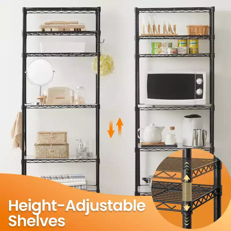 7-Tier Wire Shelving Unit with Adjustable Shelves, Liners & 8 Hooks, Black