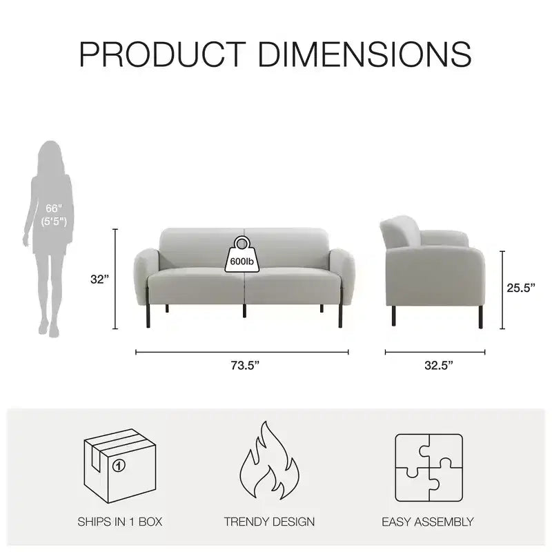 3-Seater Upholstered Sofa with Curved Back & Metal Legs