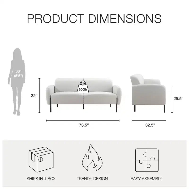3-Seater Upholstered Sofa with Curved Back & Metal Legs
