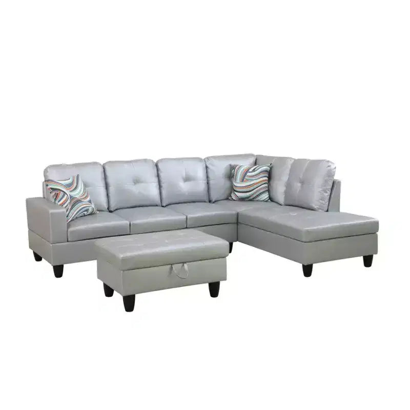 Light Grey Semi-PU Leather L-Shaped Sectional Sofa with Storage Ottoman