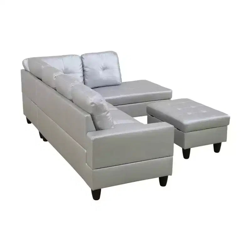 Light Grey Semi-PU Leather L-Shaped Sectional Sofa with Storage Ottoman