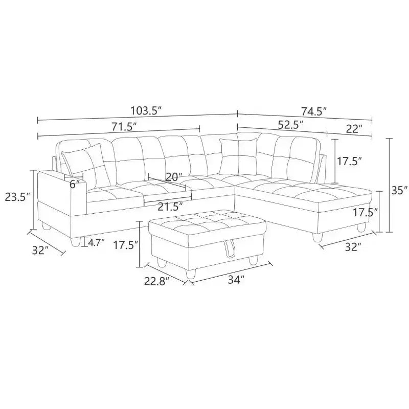 Light Grey Semi-PU Leather L-Shaped Sectional Sofa with Storage Ottoman