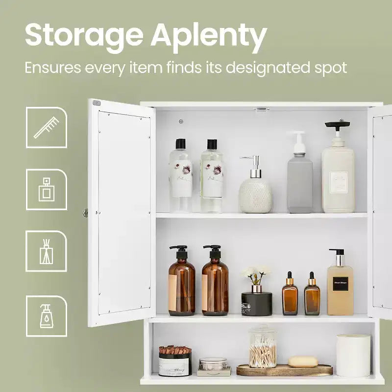 Wall-Mounted Bathroom Cabinet with 2 Mirrored Doors & Adjustable Shelf, White