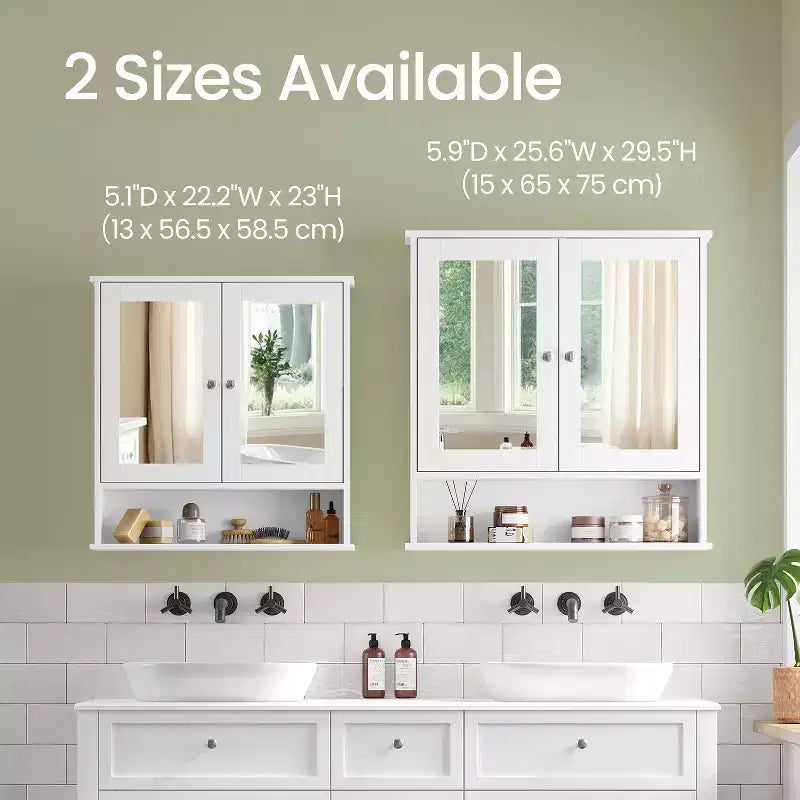 Wall-Mounted Bathroom Cabinet with 2 Mirrored Doors & Adjustable Shelf, White