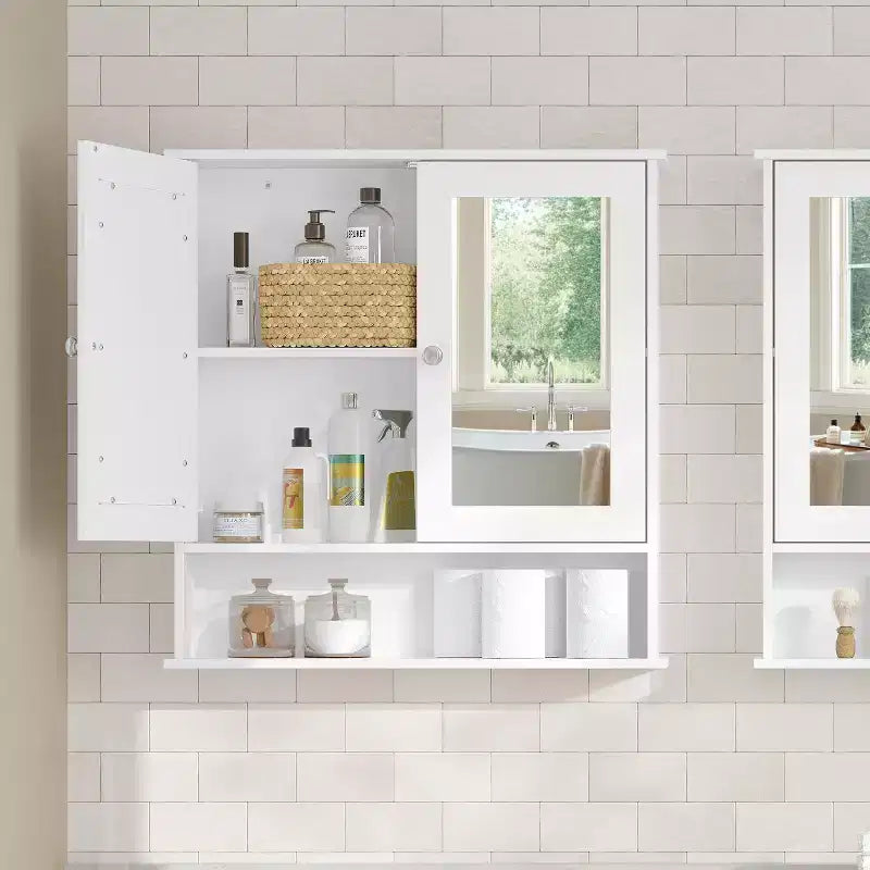 Wall-Mounted Bathroom Cabinet with 2 Mirrored Doors & Adjustable Shelf, White