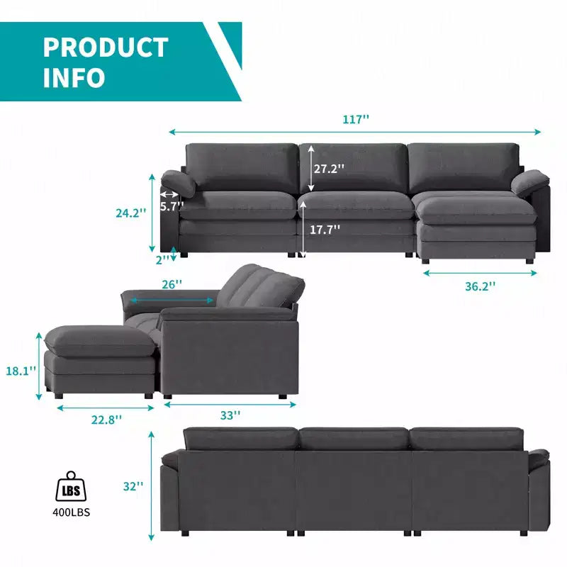 117" L-Shape Sectional Sofa with Storage Ottoman, 3-Seat