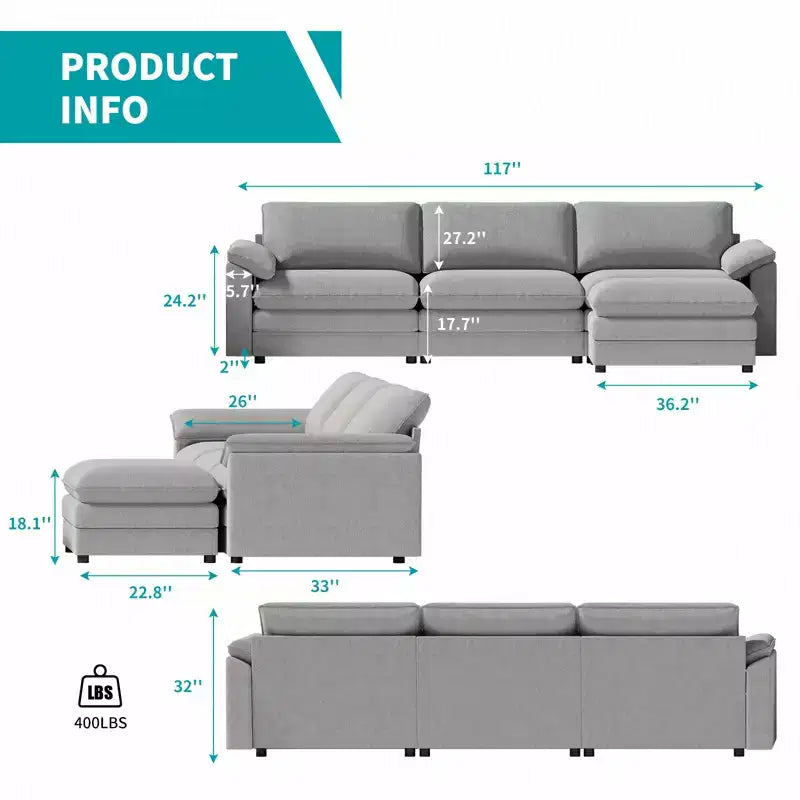 117" L-Shape Sectional Sofa with Storage Ottoman, 3-Seat