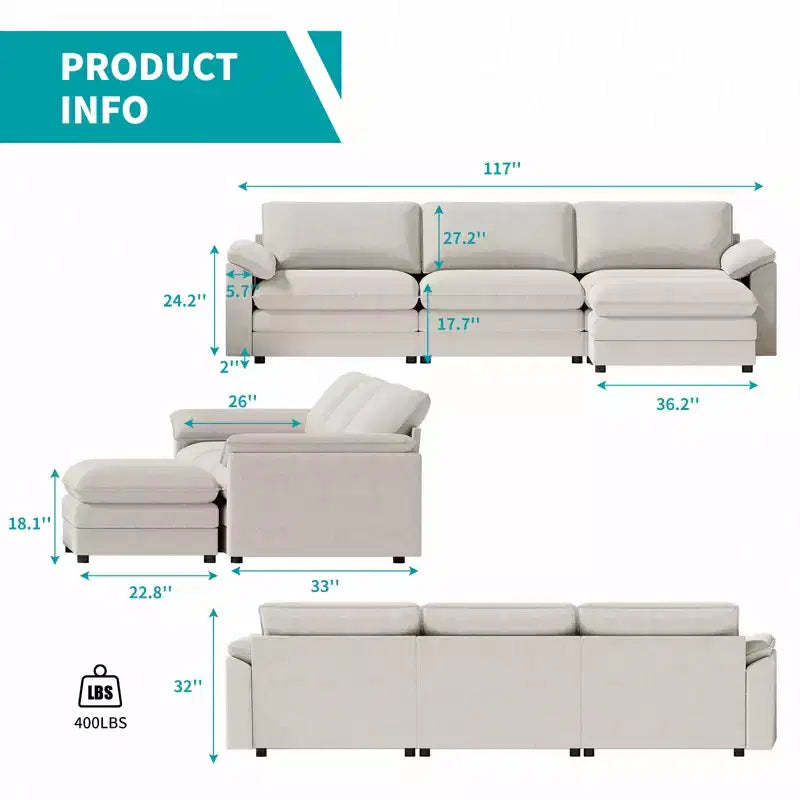 117" L-Shape Sectional Sofa with Storage Ottoman, 3-Seat