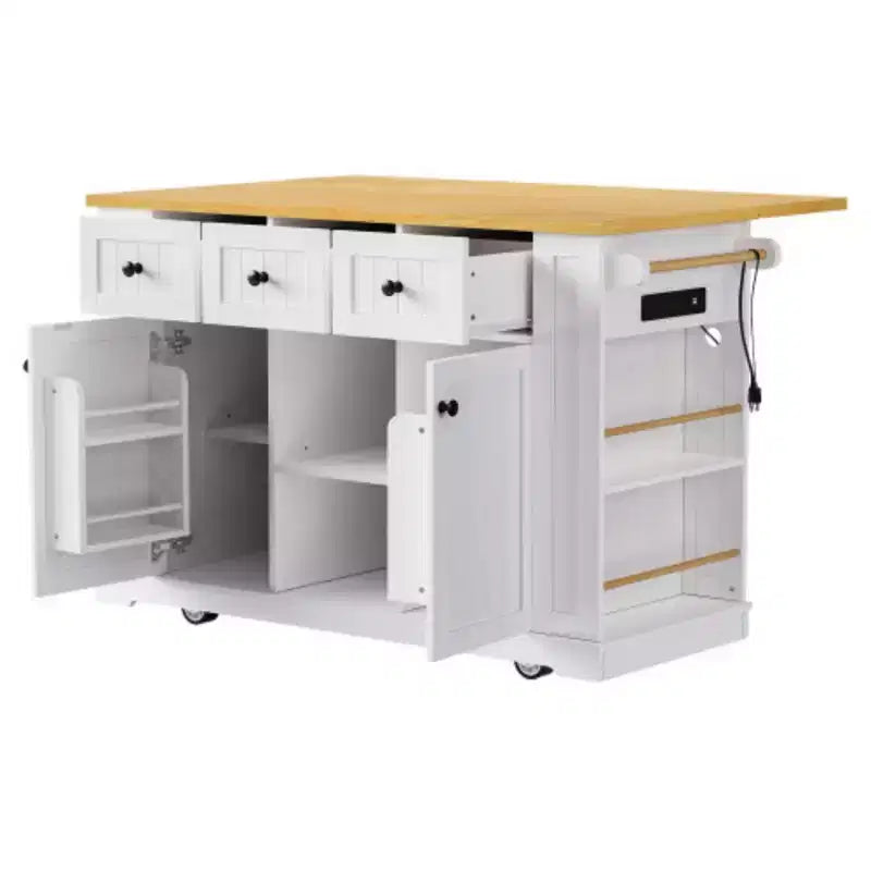 53" White Large Kitchen Island with Drop Leaf & 5 Wheels