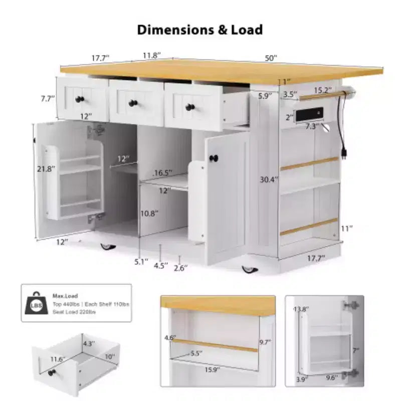 53" White Large Kitchen Island with Drop Leaf & 5 Wheels