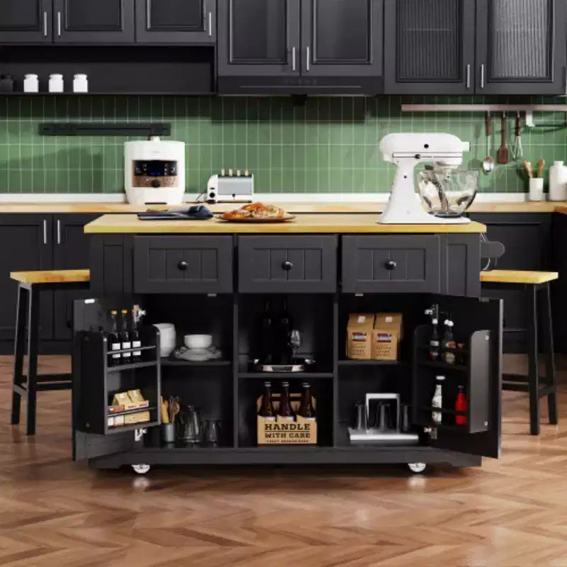 53" White Large Kitchen Island with Drop Leaf & 5 Wheels
