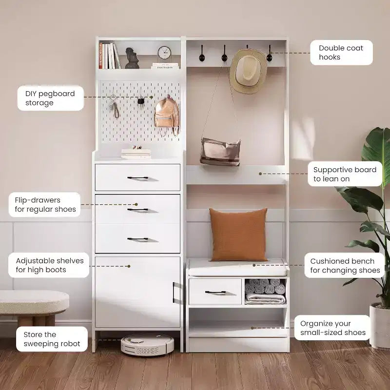 7-in-1 Hall Tree with Hidden Shoe Storage, Entryway Bench with Coat Rack and Pegboard, Coat Rack with Bench Mudroom Storage