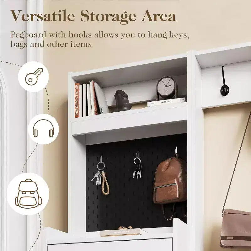 7-in-1 Hall Tree with Hidden Shoe Storage, Entryway Bench with Coat Rack and Pegboard, Coat Rack with Bench Mudroom Storage