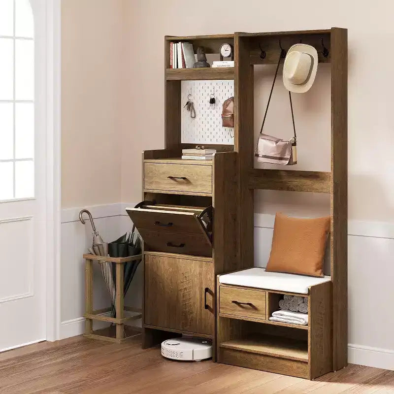 7-in-1 Hall Tree with Hidden Shoe Storage, Entryway Bench with Coat Rack and Pegboard, Coat Rack with Bench Mudroom Storage