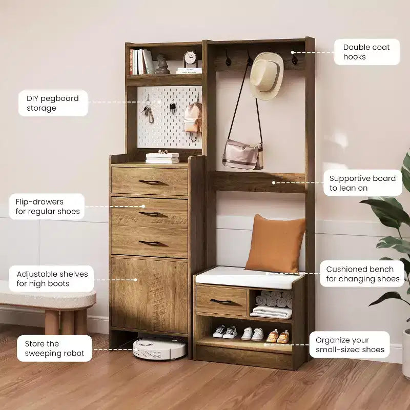 7-in-1 Hall Tree with Hidden Shoe Storage, Entryway Bench with Coat Rack and Pegboard, Coat Rack with Bench Mudroom Storage
