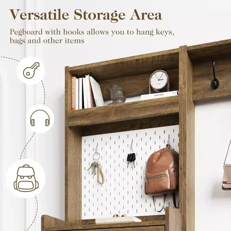 7-in-1 Hall Tree with Hidden Shoe Storage, Entryway Bench with Coat Rack and Pegboard, Coat Rack with Bench Mudroom Storage