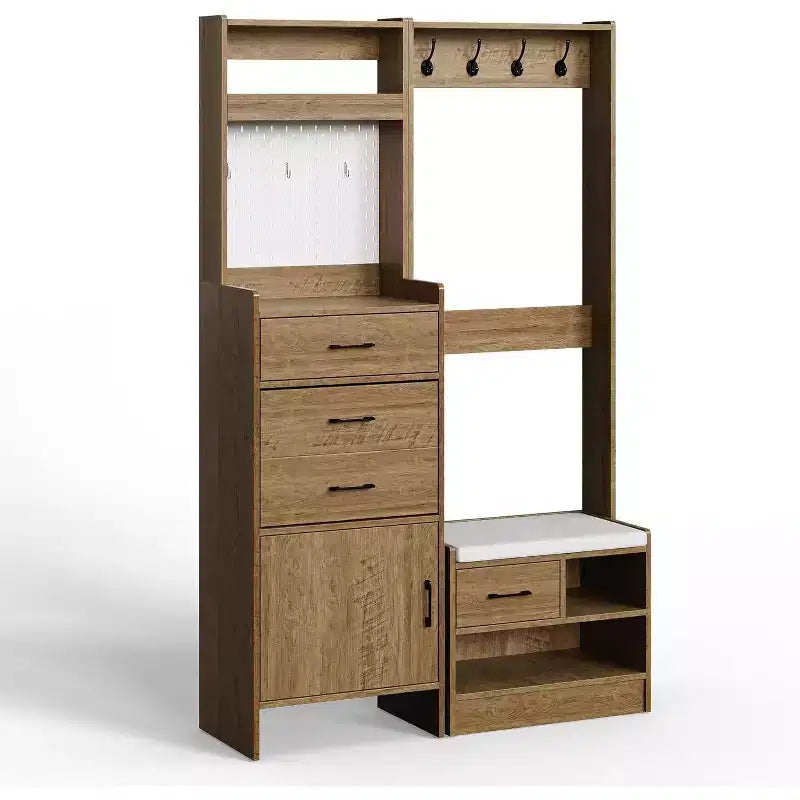 7-in-1 Hall Tree with Hidden Shoe Storage, Entryway Bench with Coat Rack and Pegboard, Coat Rack with Bench Mudroom Storage