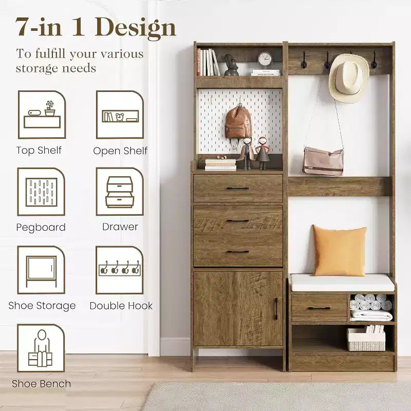 7-in-1 Hall Tree with Hidden Shoe Storage, Entryway Bench with Coat Rack and Pegboard, Coat Rack with Bench Mudroom Storage