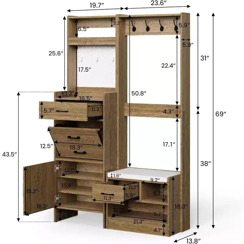 7-in-1 Hall Tree with Hidden Shoe Storage, Entryway Bench with Coat Rack and Pegboard, Coat Rack with Bench Mudroom Storage