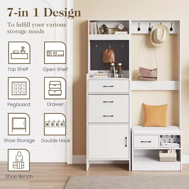 7-in-1 Hall Tree with Hidden Shoe Storage, Entryway Bench with Coat Rack and Pegboard, Coat Rack with Bench Mudroom Storage