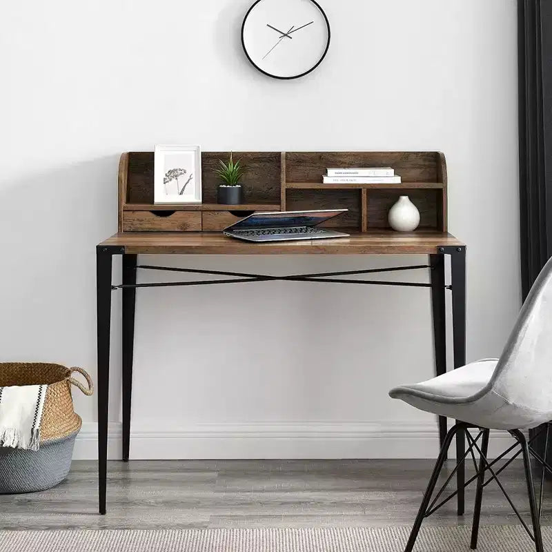 Furniture Company Industrial Secretary Desk with Hutch, Walnut, 42in