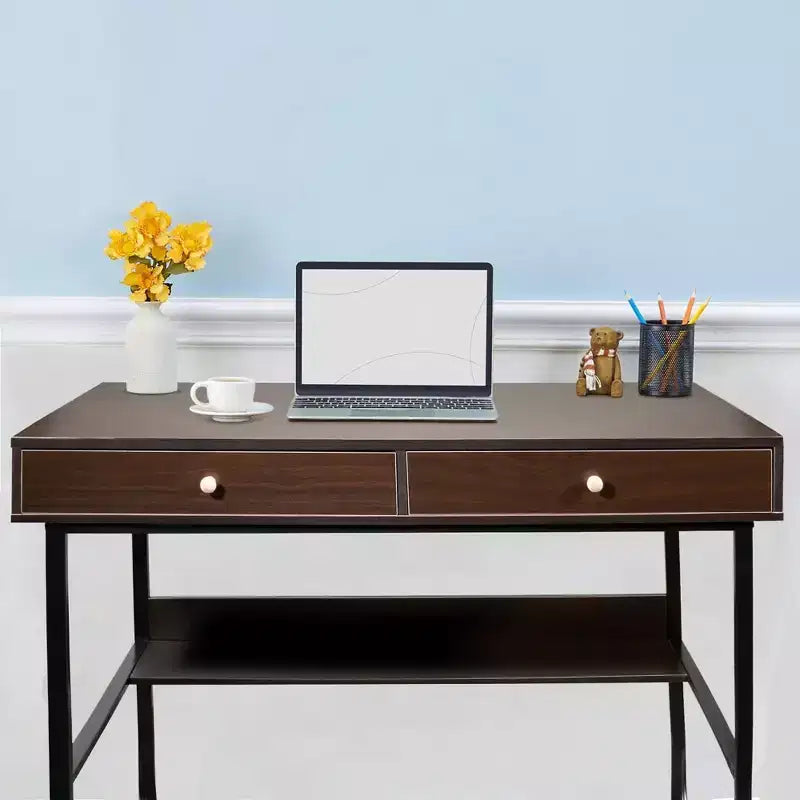 Simple Wooden Writing Computer Study Desk with Drawers for Home Office, Brown, 47