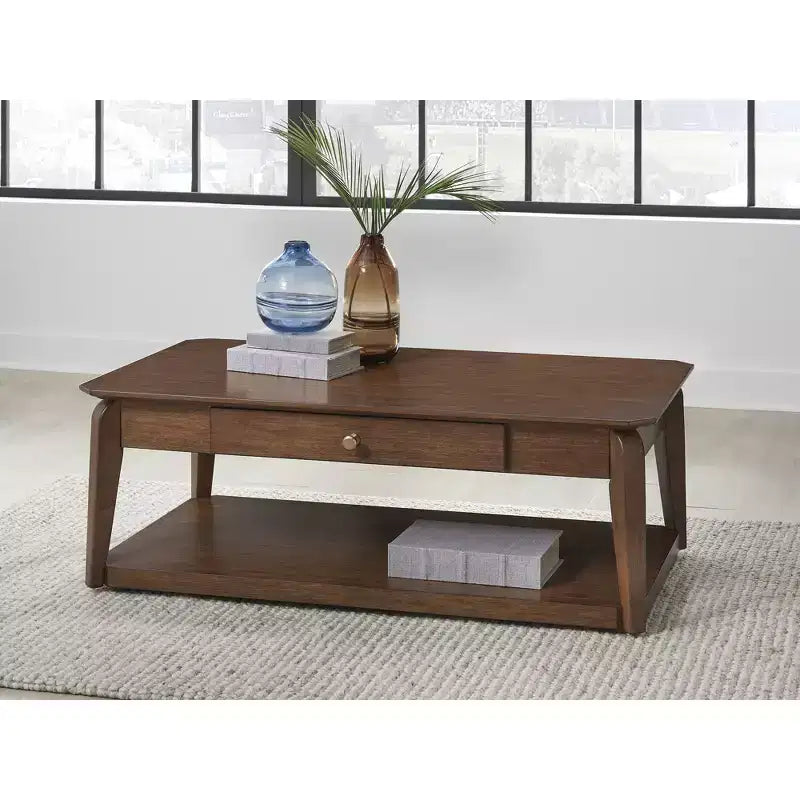 Signature Design by  Mid-Century Modern Rectangular Coffee Table with Storage Drawer, Casters & Shelf, Brown