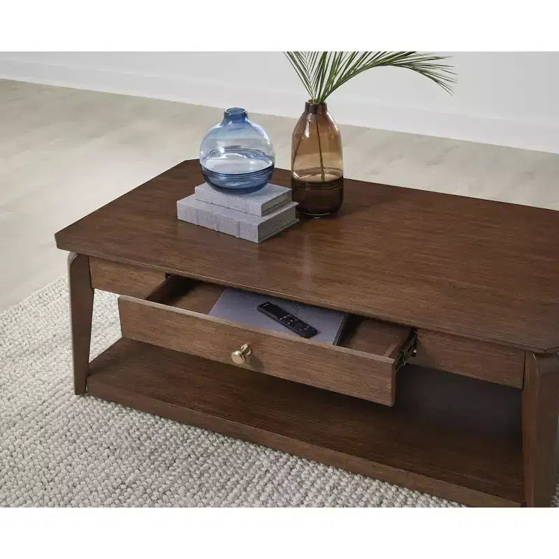 Signature Design by  Mid-Century Modern Rectangular Coffee Table with Storage Drawer, Casters & Shelf, Brown