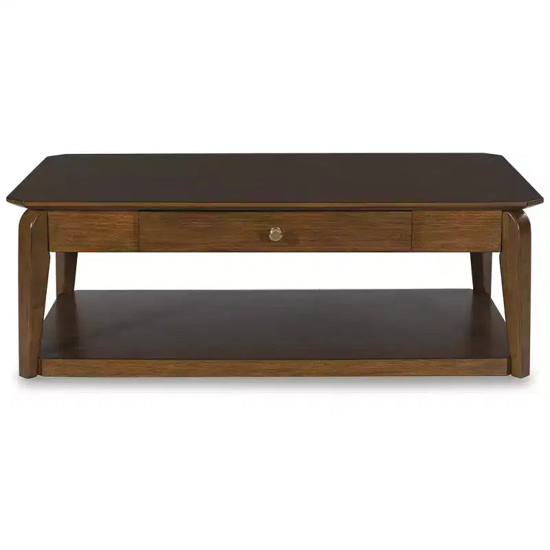 Signature Design by  Mid-Century Modern Rectangular Coffee Table with Storage Drawer, Casters & Shelf, Brown