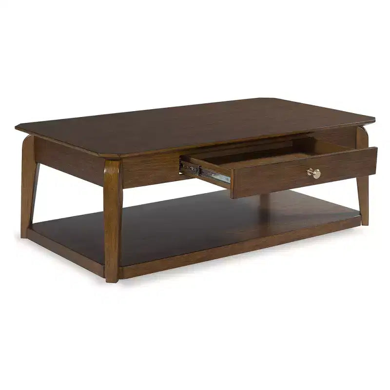 Signature Design by  Mid-Century Modern Rectangular Coffee Table with Storage Drawer, Casters & Shelf, Brown