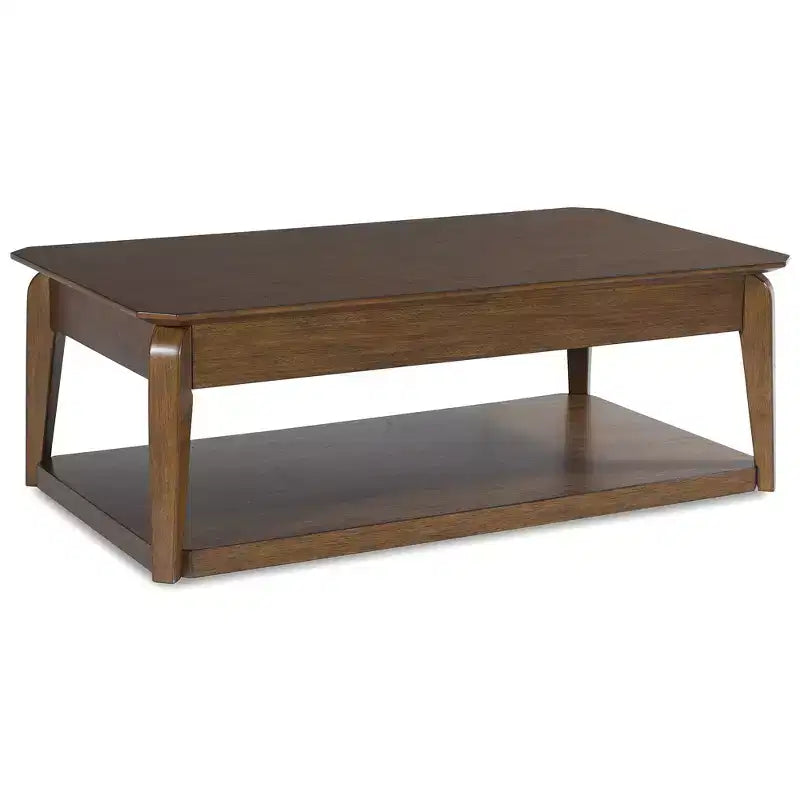 Signature Design by  Mid-Century Modern Rectangular Coffee Table with Storage Drawer, Casters & Shelf, Brown