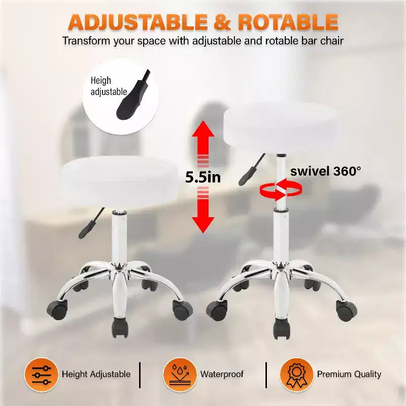 Round Rolling Swivel Stool with 5 Wheels, Adjustable Height, 250 lbs