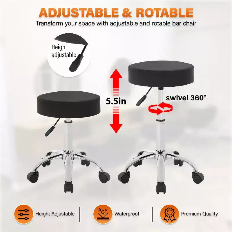 Round Rolling Swivel Stool with 5 Wheels, Adjustable Height, 250 lbs