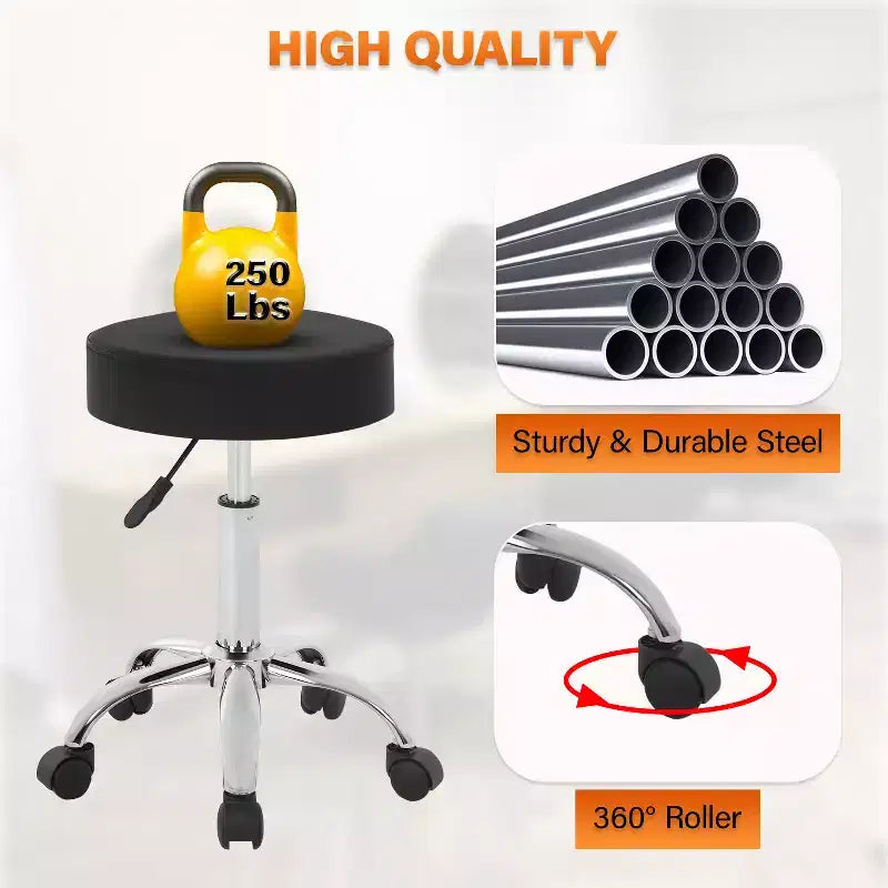 Round Rolling Swivel Stool with 5 Wheels, Adjustable Height, 250 lbs