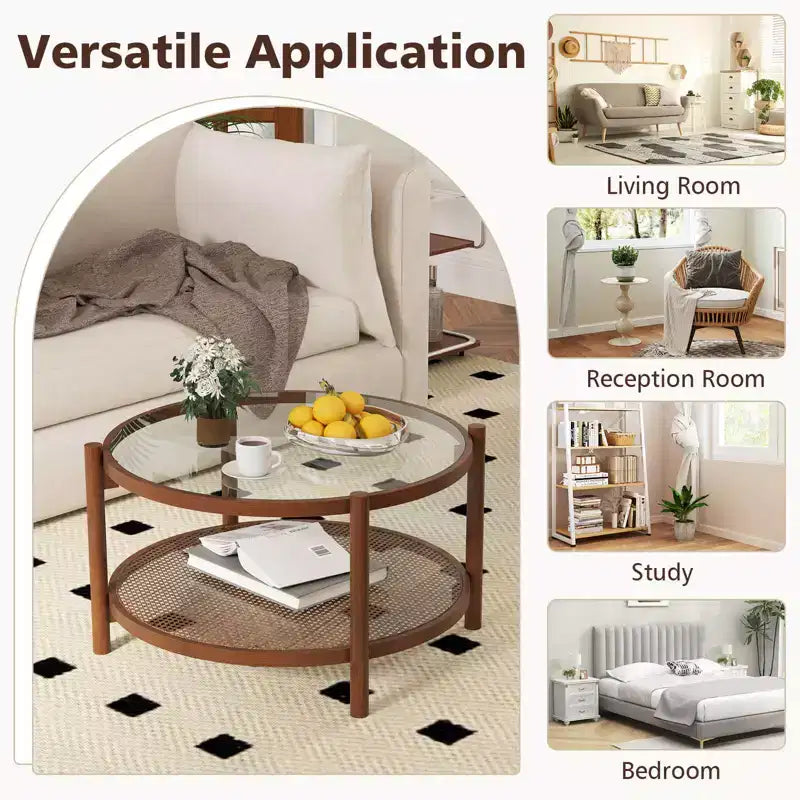 31" Round Coffee Table with Tempered Glass Top & Rattan Shelf