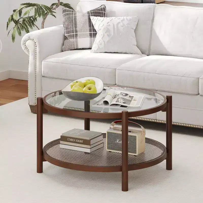 31" Round Coffee Table with Tempered Glass Top & Rattan Shelf