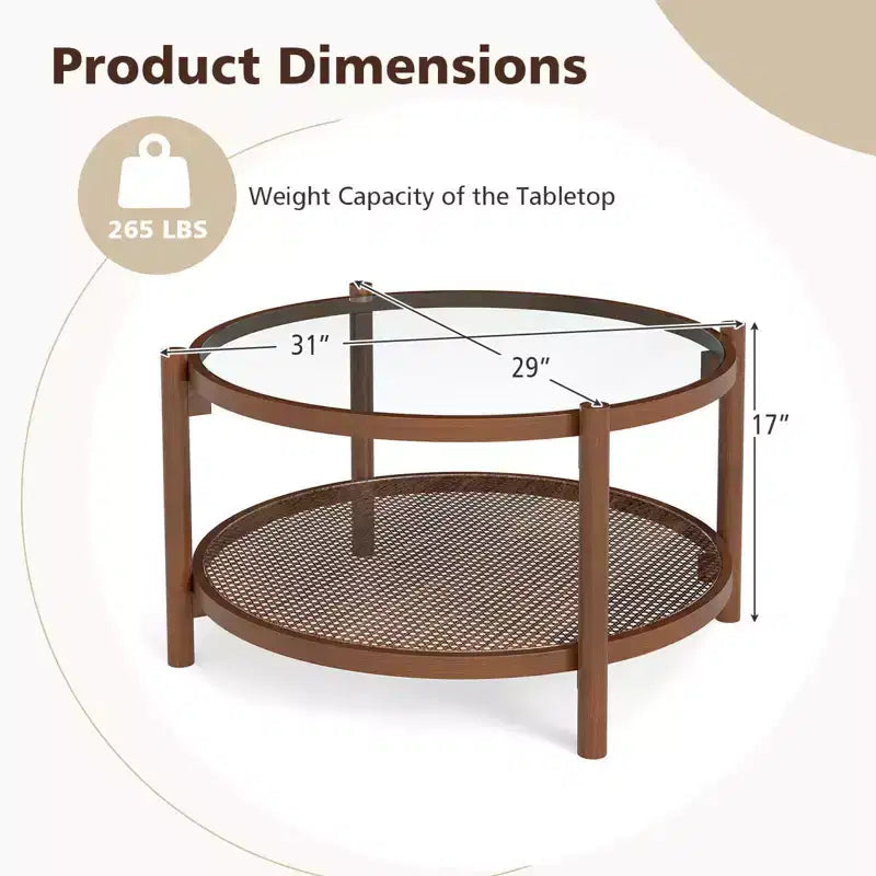 31" Round Coffee Table with Tempered Glass Top & Rattan Shelf