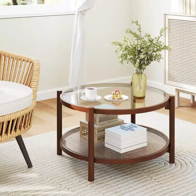 31" Round Coffee Table with Tempered Glass Top & Rattan Shelf