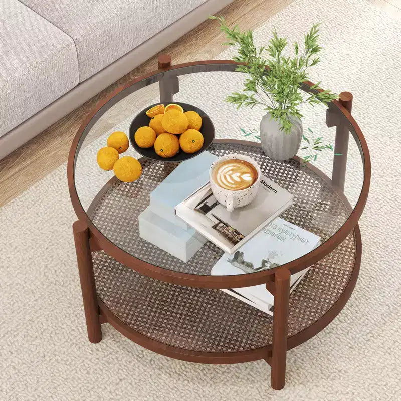 31" Round Coffee Table with Tempered Glass Top & Rattan Shelf